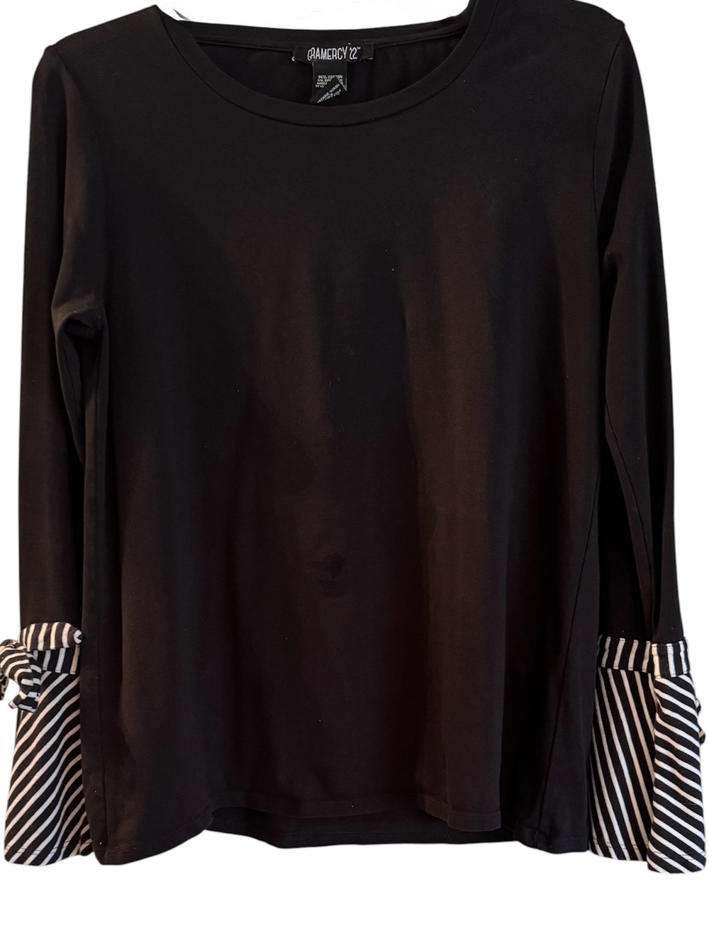 Gramercy 22 Women’s Black Long Sleeve Tee with Black-and-White Striped Tie Cuffs